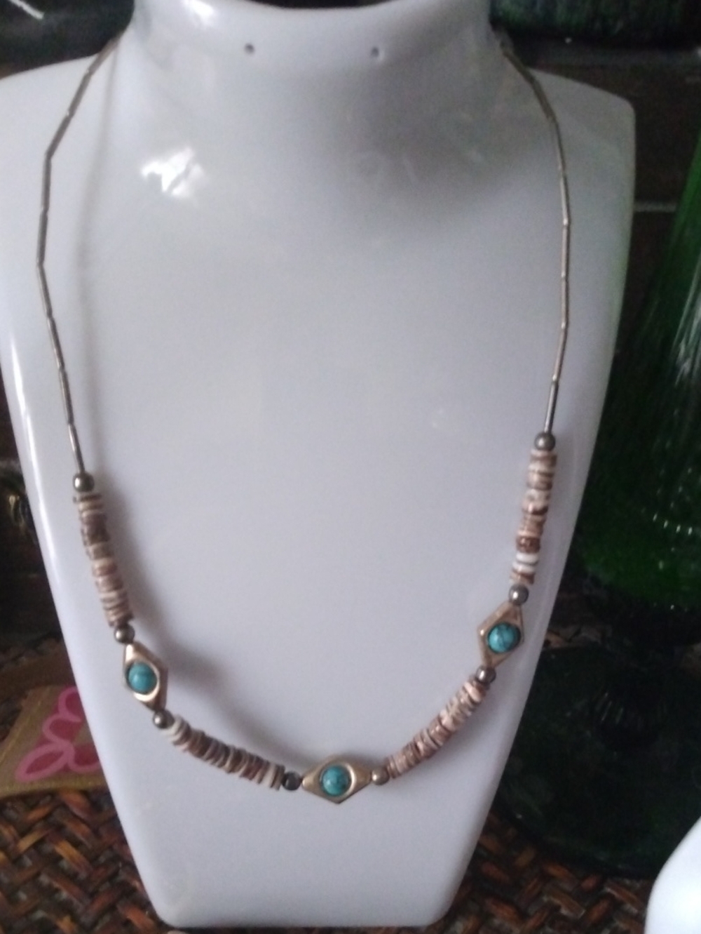 Turquoise Accent Bead Necklace - Women Jewelry silver plated vintage choker